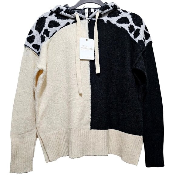 Elan Womens S Two-Tone Black & White Hooded Sweater With Leopard Print Detail Ac - Picture 1 of 8